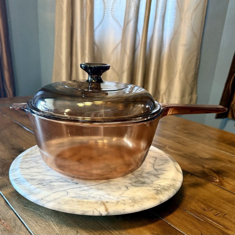 VTG 80s Visions Corning Ware 2.5L Sauce Pan Pot Pyrex 8.5" Lid V2.5C Amber USA